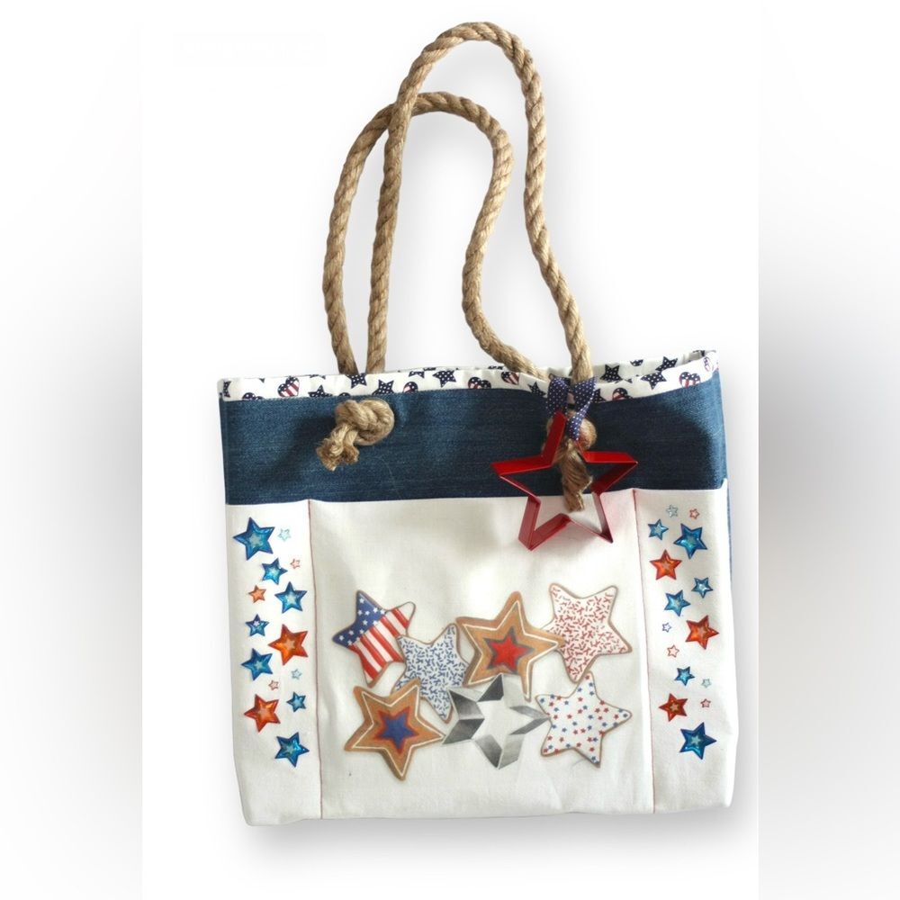 Stars Denim Open Top Tote with Rope Handles Hand Crafted NEW - Picture 2 of 6